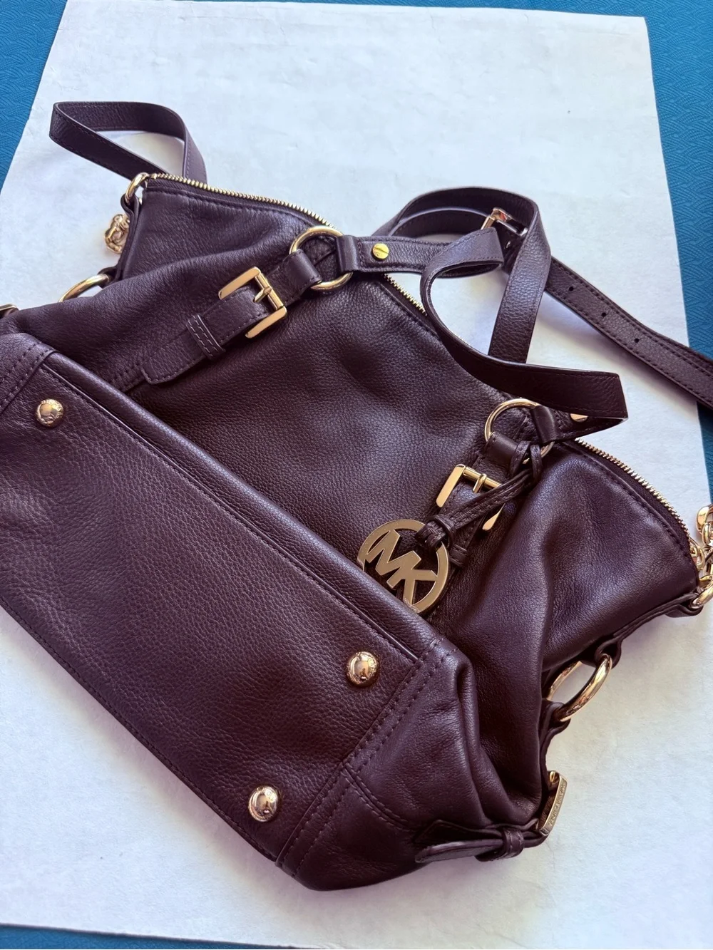 Michael Kors Dark Brown Pebbled Leather Shoulder Bag with MK Charm
